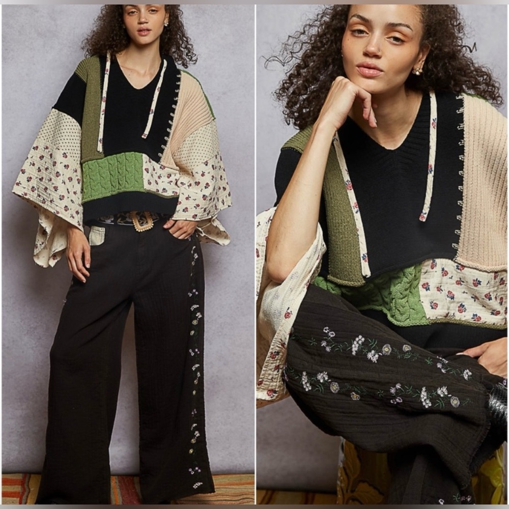 NEW POL Floral Print Color Block Chenille Hooded Oversized Sweater Top Small